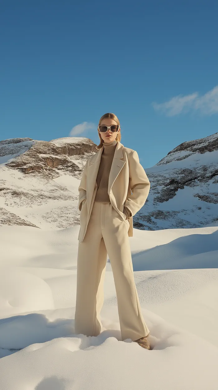 Model posing in a snowy enviroment