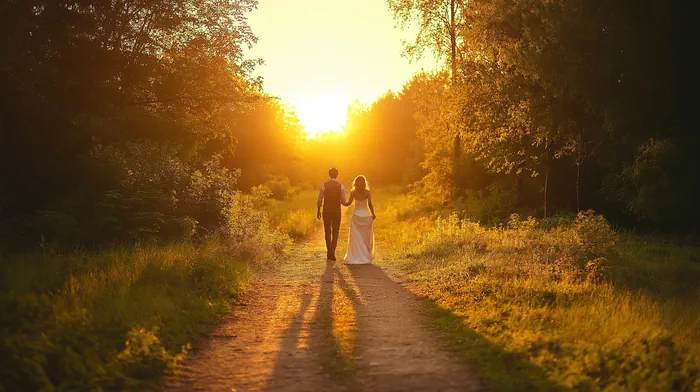 A couple in a forest path