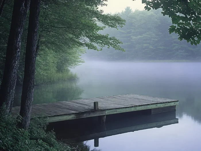 Serene lakeside scene with a wooden dock