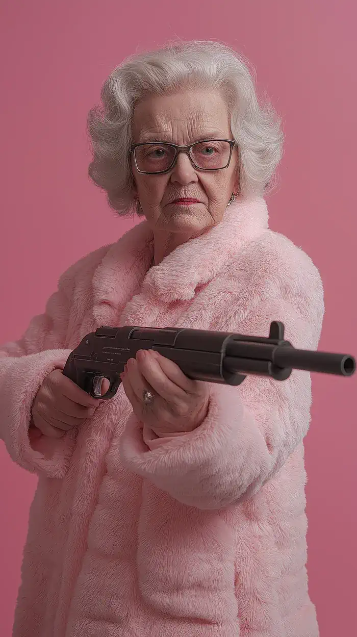 Elderly woman holding a shotgun
