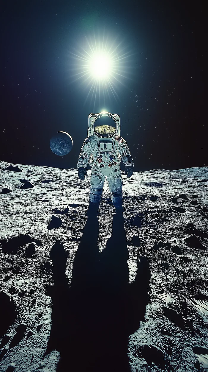 Astronaut stands on the moon’s surface