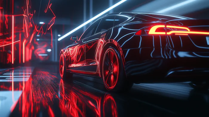 Futuristic black car with bright red highlights