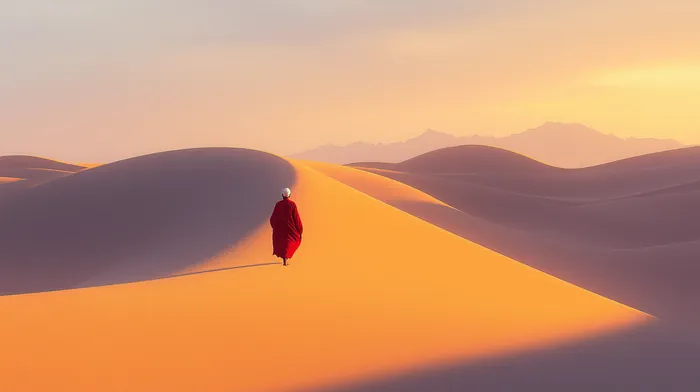 A person walking on a sand dune in the desert