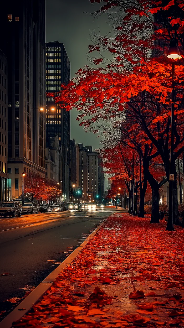 Red autumn leaves covering the sidewalk
