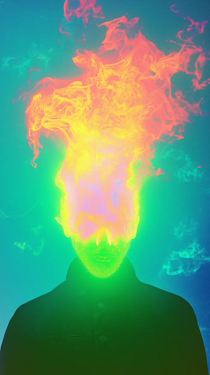 Multicolored flames head silhouette