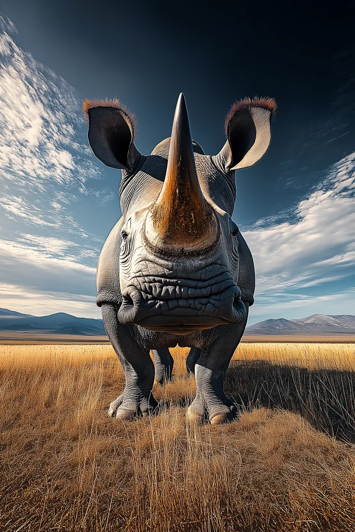 Wide-angle shot of a rhinoceros