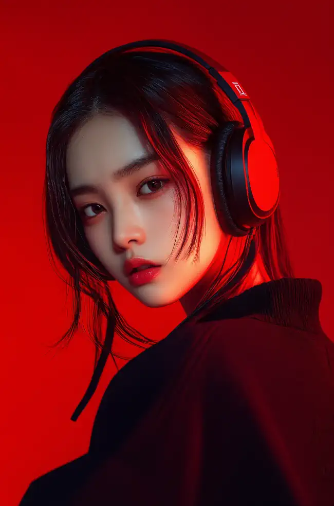 Girl wearing headphones against a red background