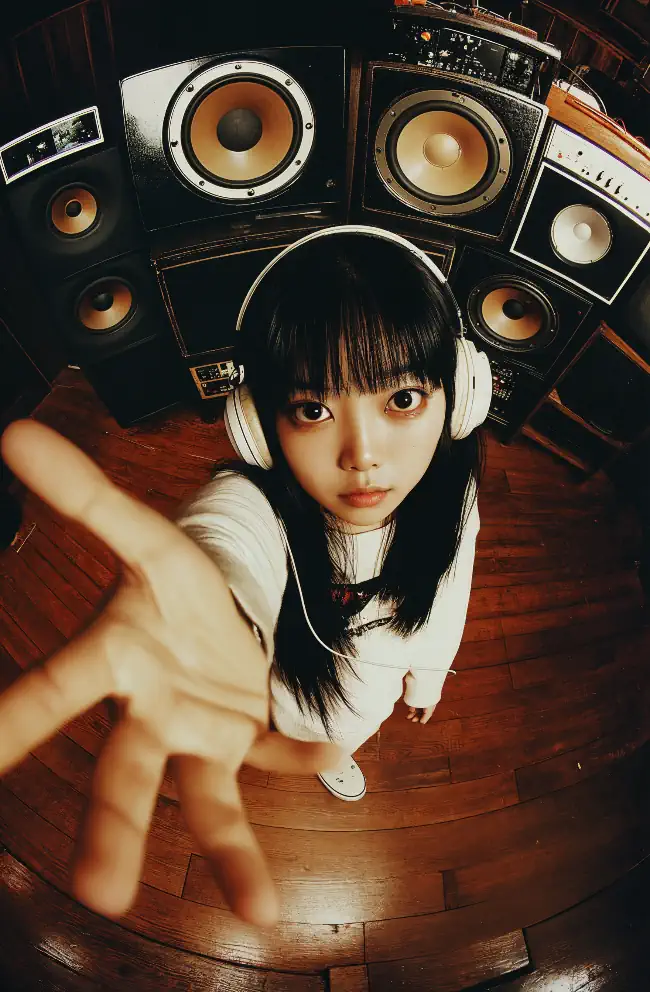 Girl wearing headphones in a music studio