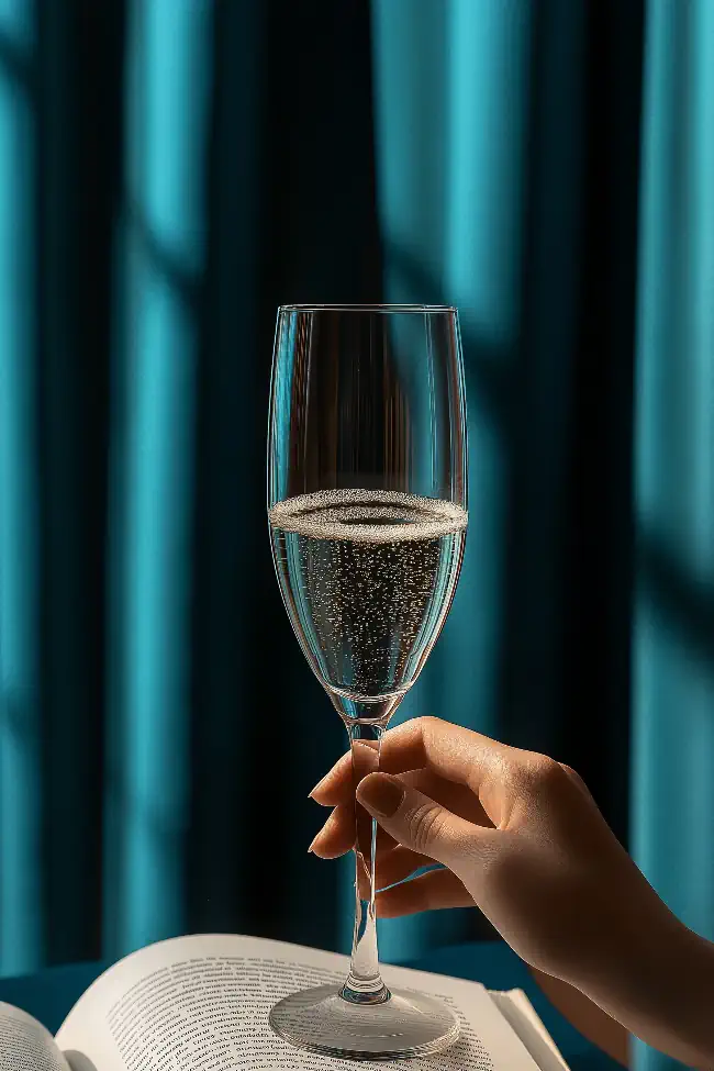 Champagne flute and an open book