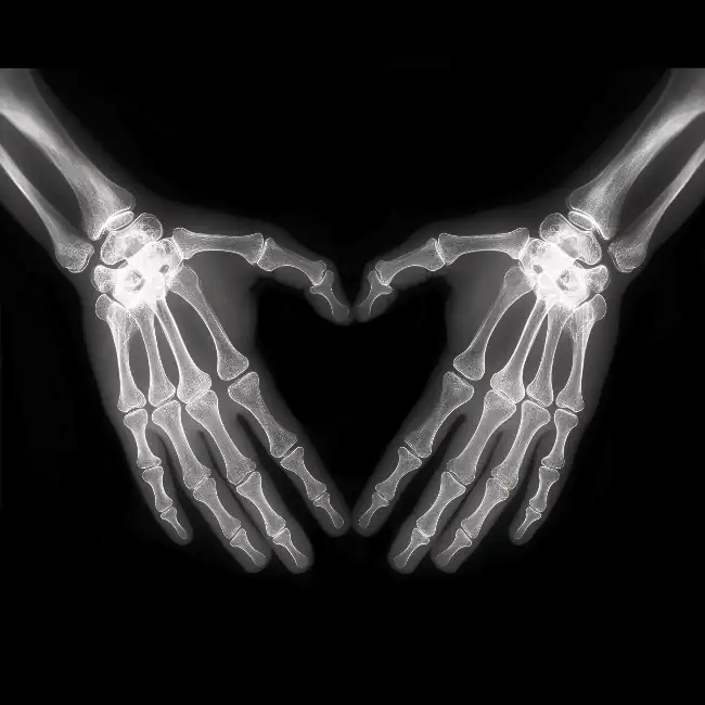 X-ray image of hands forming a heart shape