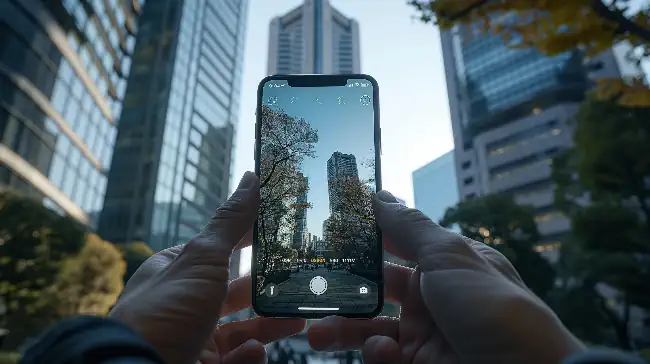 Someone taking a photo with in an urban setting