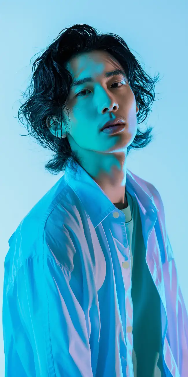 Asian Man with wavy hair and blue light