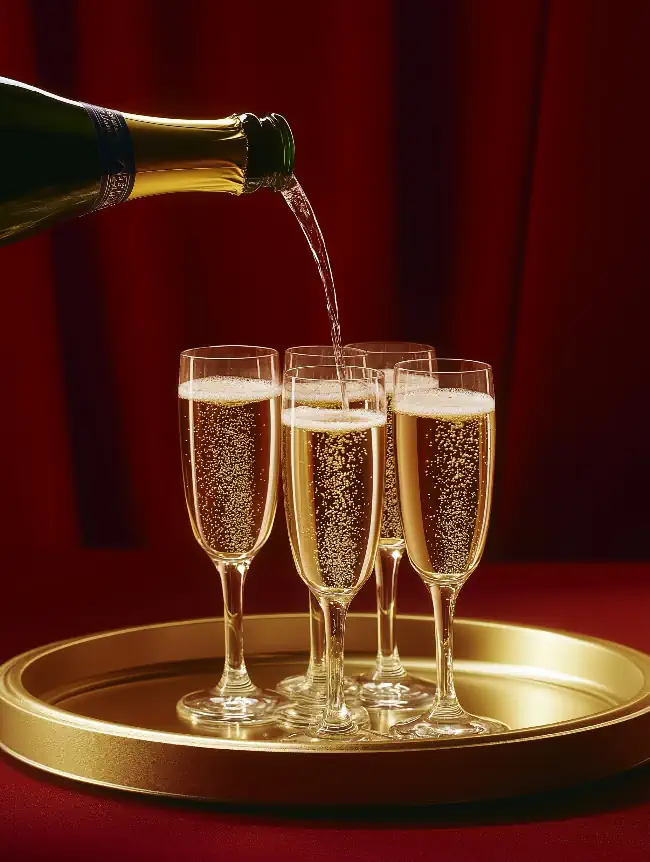 Champagne being poured into multiple flutes