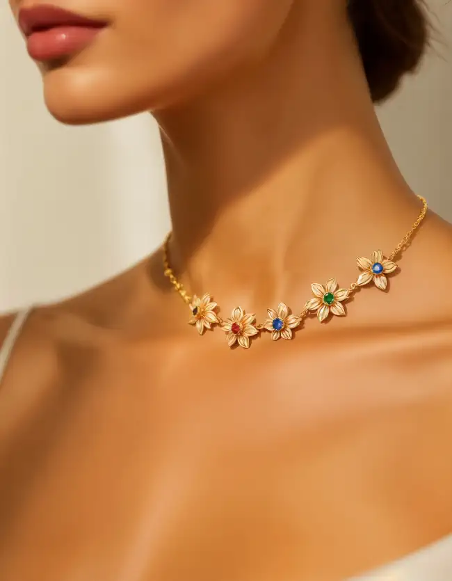Delicate gold necklace with a floral design