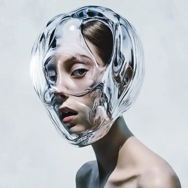 young woman with a transparent head covering her face