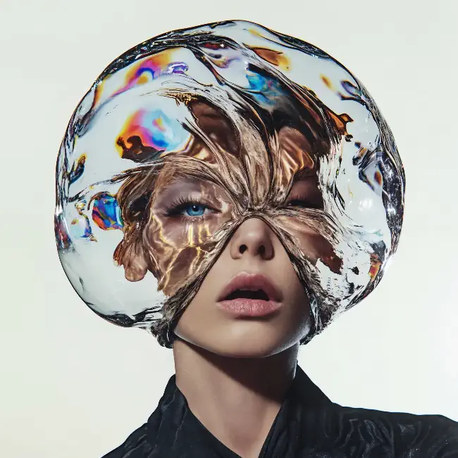 young woman with a transparent head covering her face