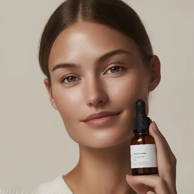 Woman holding a small dropper bottle