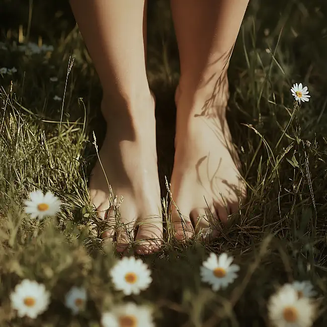 Bare feet standing on green grass
