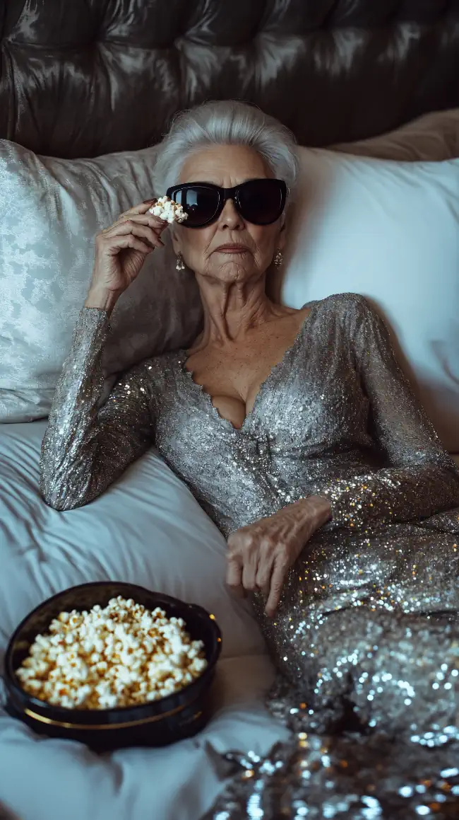 Elderly woman lying on a bed with a bowl of popcorn