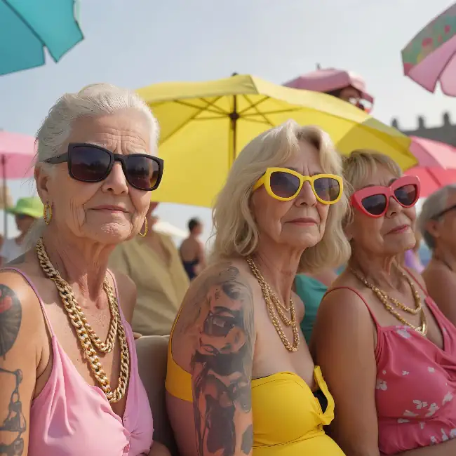 Three elderly women sitting on a beach