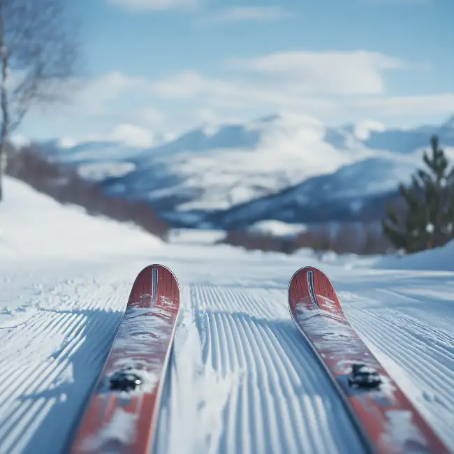 POV pair of red ski