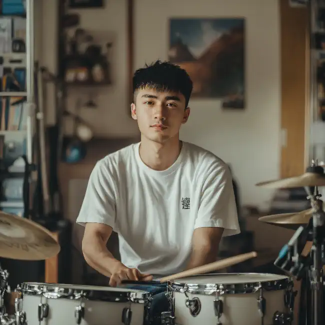 Young Asian man playing drum