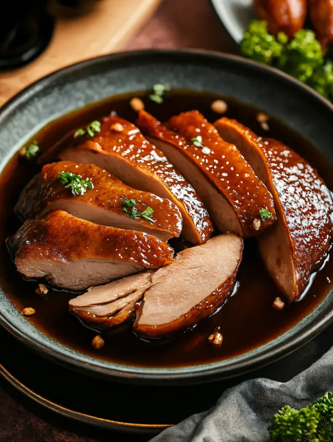 Bowl filled with slices of cooked duck