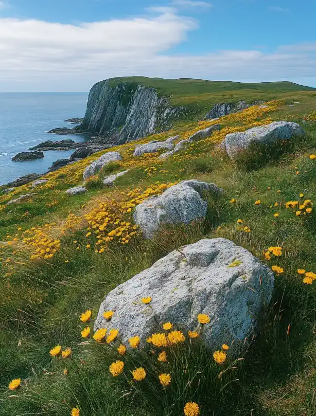 Grassy hillside with yellow wildflowers