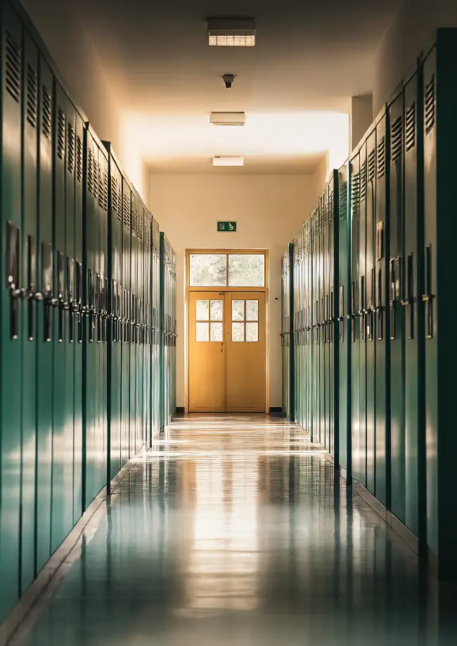 Symmetrical hallway with green lockers