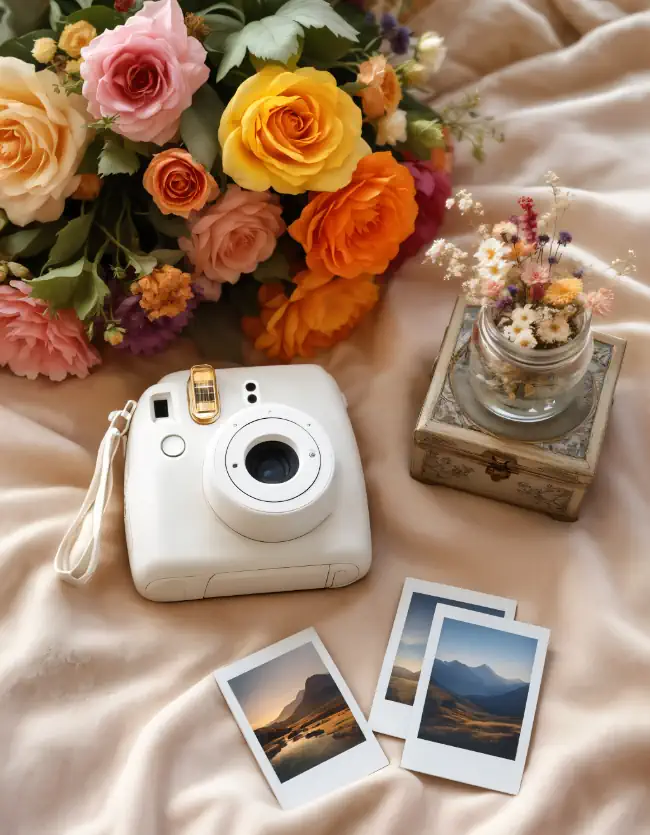 Instant camera sits alongside polaroid