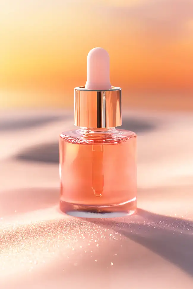 Glass dropper bottle with a rose gold cap