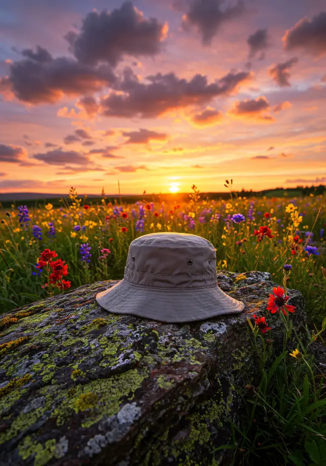 Gray bucket hat on a rock 2