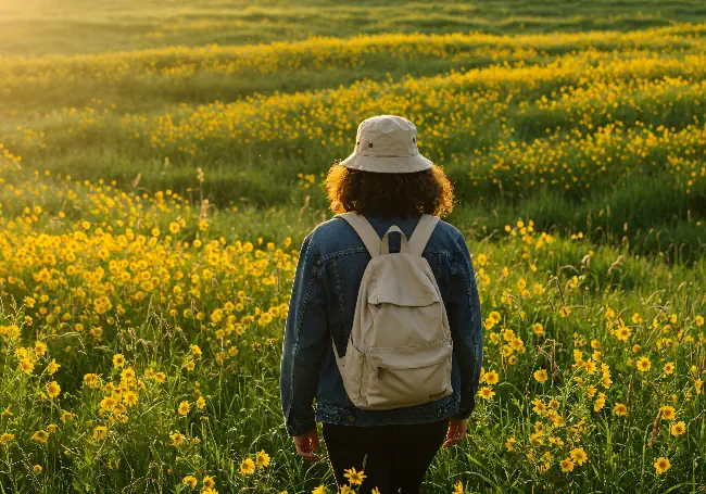 Person walking through a field of flowers