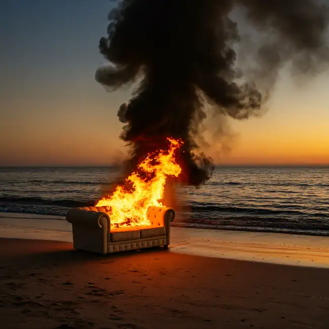Tufted sofa burns fiercely