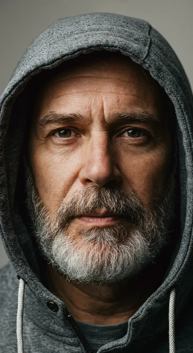 Old man with a light gray hoodie