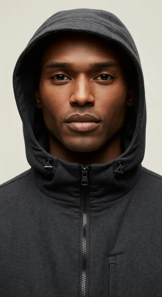 Black man with a light gray hoodie