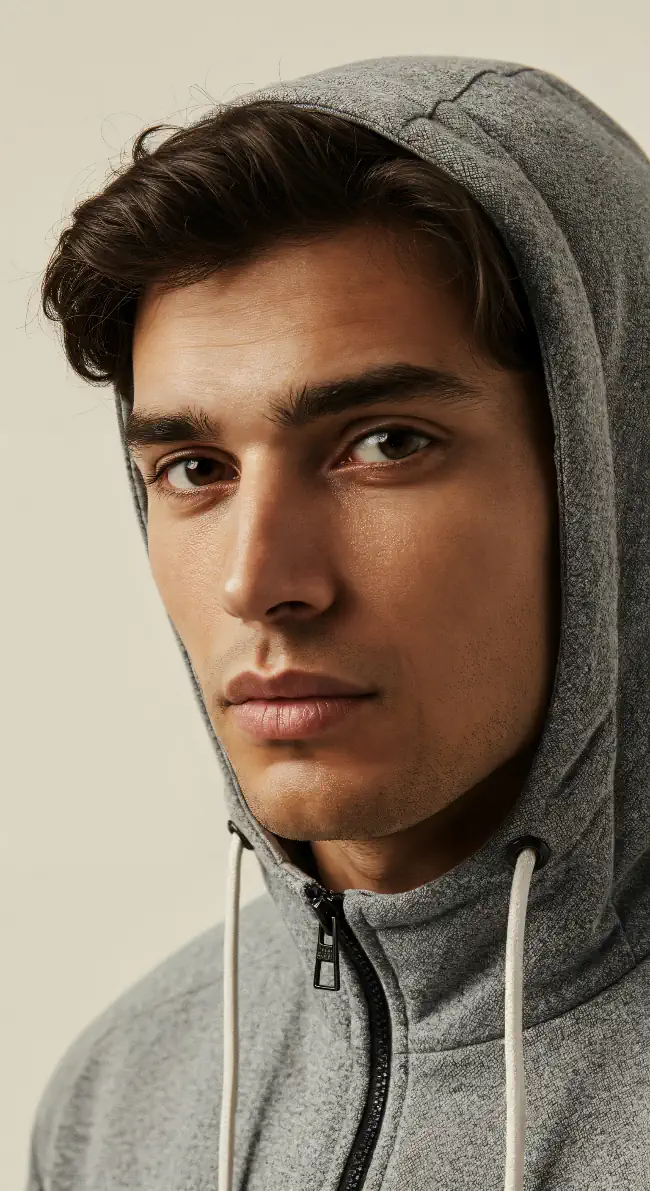 Young man with a light gray hoodie