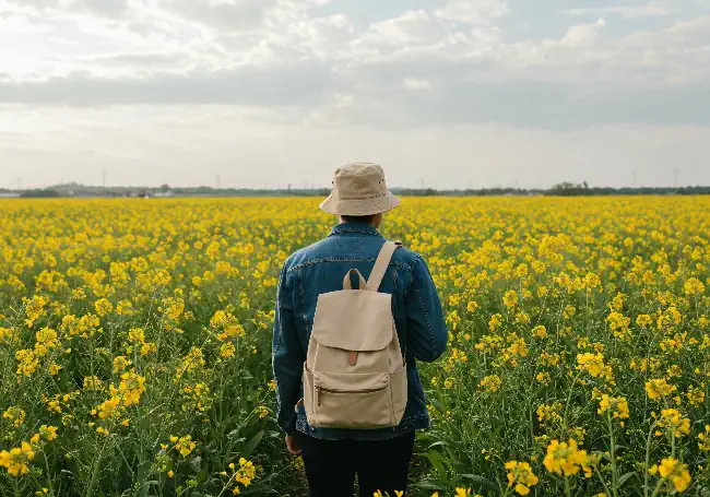 man walking in a flower field