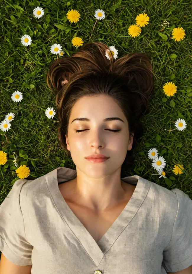 Serene woman lying in the grass