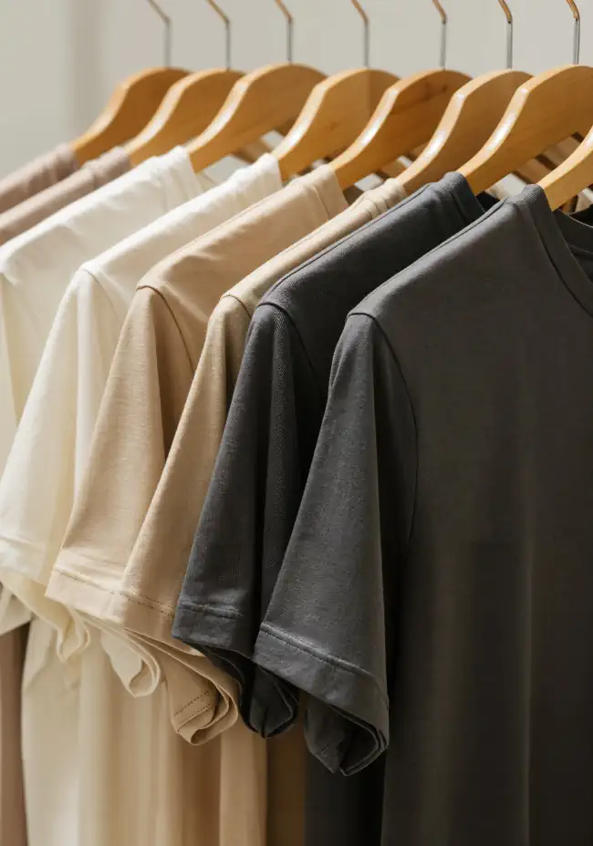 Series of T-shirts lined up on hangers
