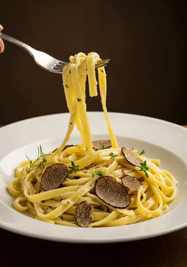 Fork in a plate of truffle pasta