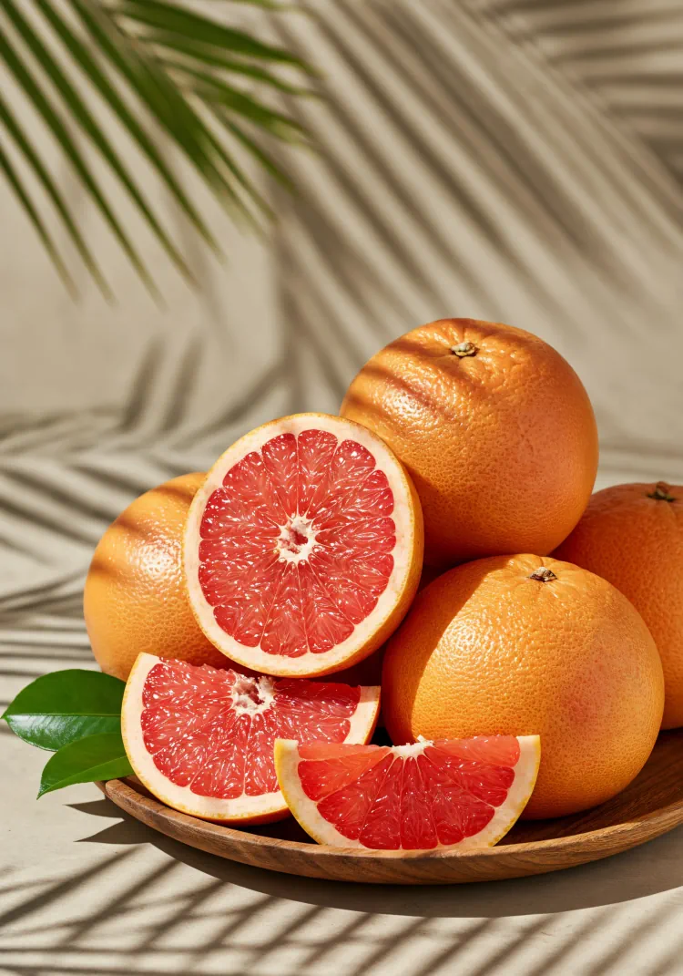 Grapefruits on a wooden plate
