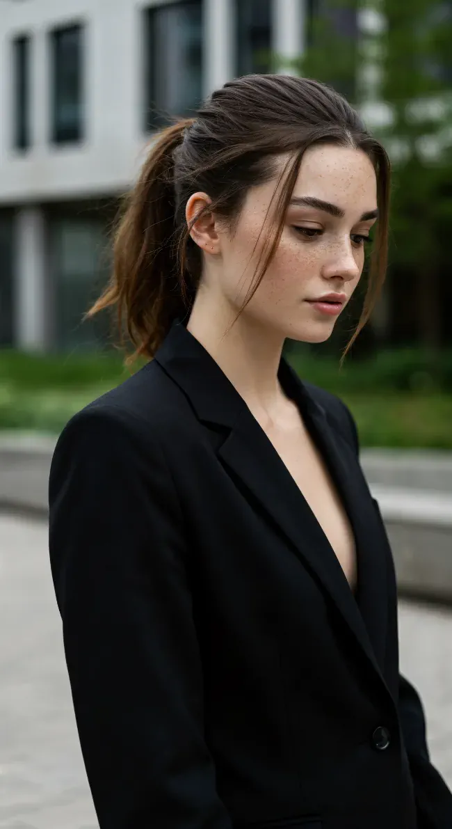 Contemplative Gaze in Black Blazer