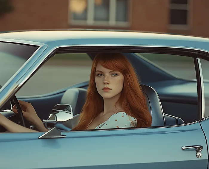 Woman with red hair in the driver's seat of