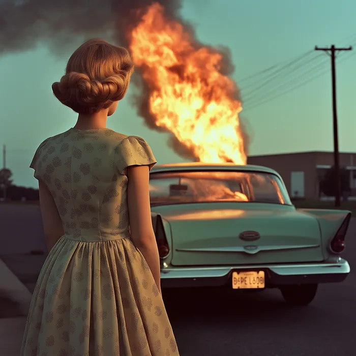 Woman standing in front of a burning car