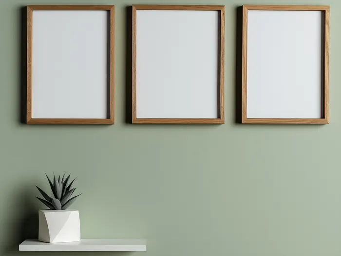 Three wooden frames hang on a wall