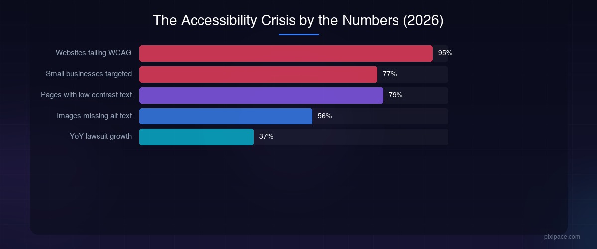 The Accessibility Crisis by the Numbers — bar chart showing 95% of websites fail WCAG, 77% of targets are small businesses, 79% have low contrast text