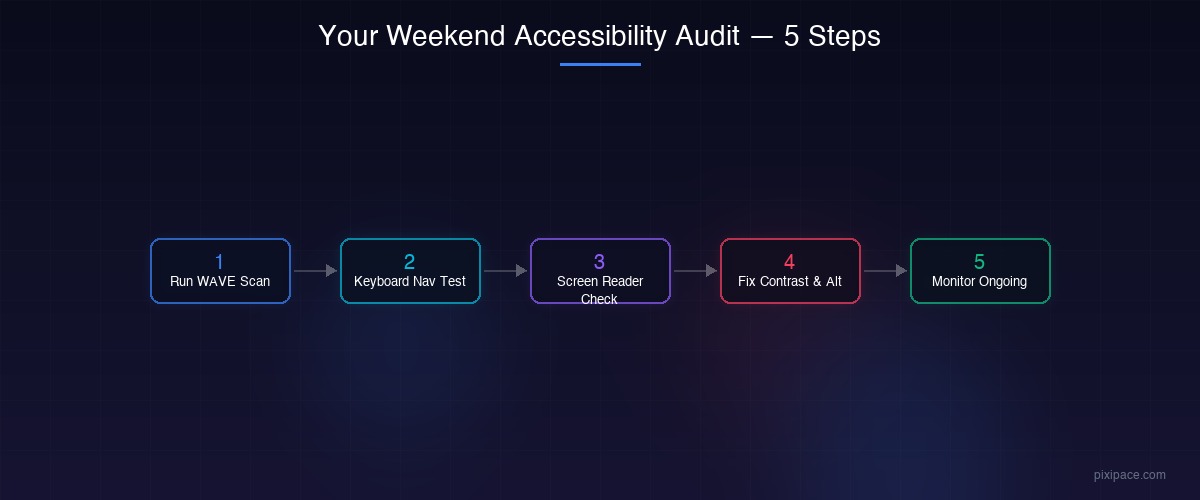 Your Weekend Accessibility Audit — 5 step flow: Run WAVE Scan, Keyboard Nav Test, Screen Reader Check, Fix Contrast and Alt, Monitor Ongoing