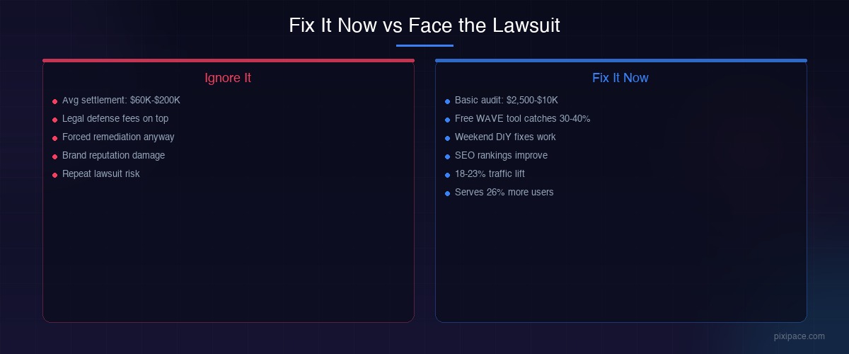 Fix It Now vs Face the Lawsuit — comparison showing cost of ignoring accessibility ($60K-$200K settlements) vs fixing it now ($2,500-$10K audit)