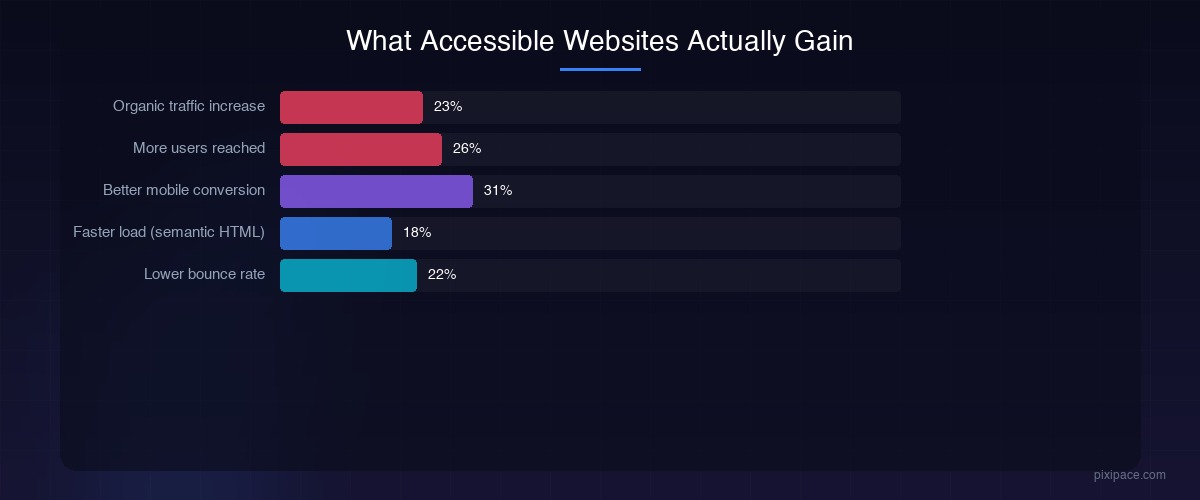 What Accessible Websites Actually Gain — data showing 23% organic traffic increase, 26% more users reached, 31% better mobile conversion